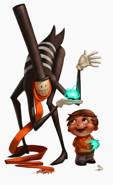 illustration de David Sladek representant un personnage offrant un un objet lumineux à un enfant 