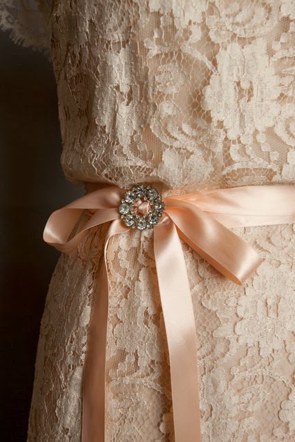 1950s lace wedding dress, c Heavenly Vintage Brides vintage wedding blog 2013 - detail of blush colour and satin belt