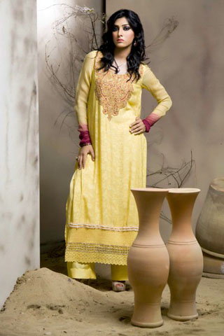 Long Sleeve Embroidery Salwar Kameez Yellow Color