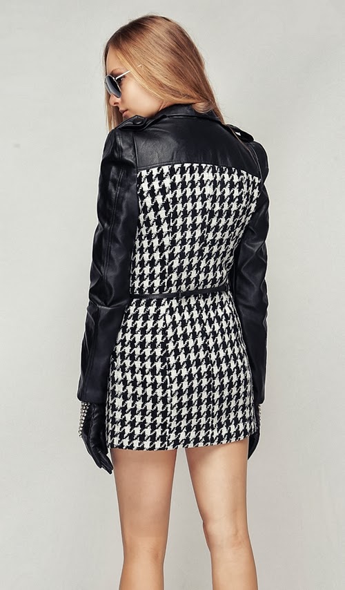 Faux Leather Layered Houndtooth Coat