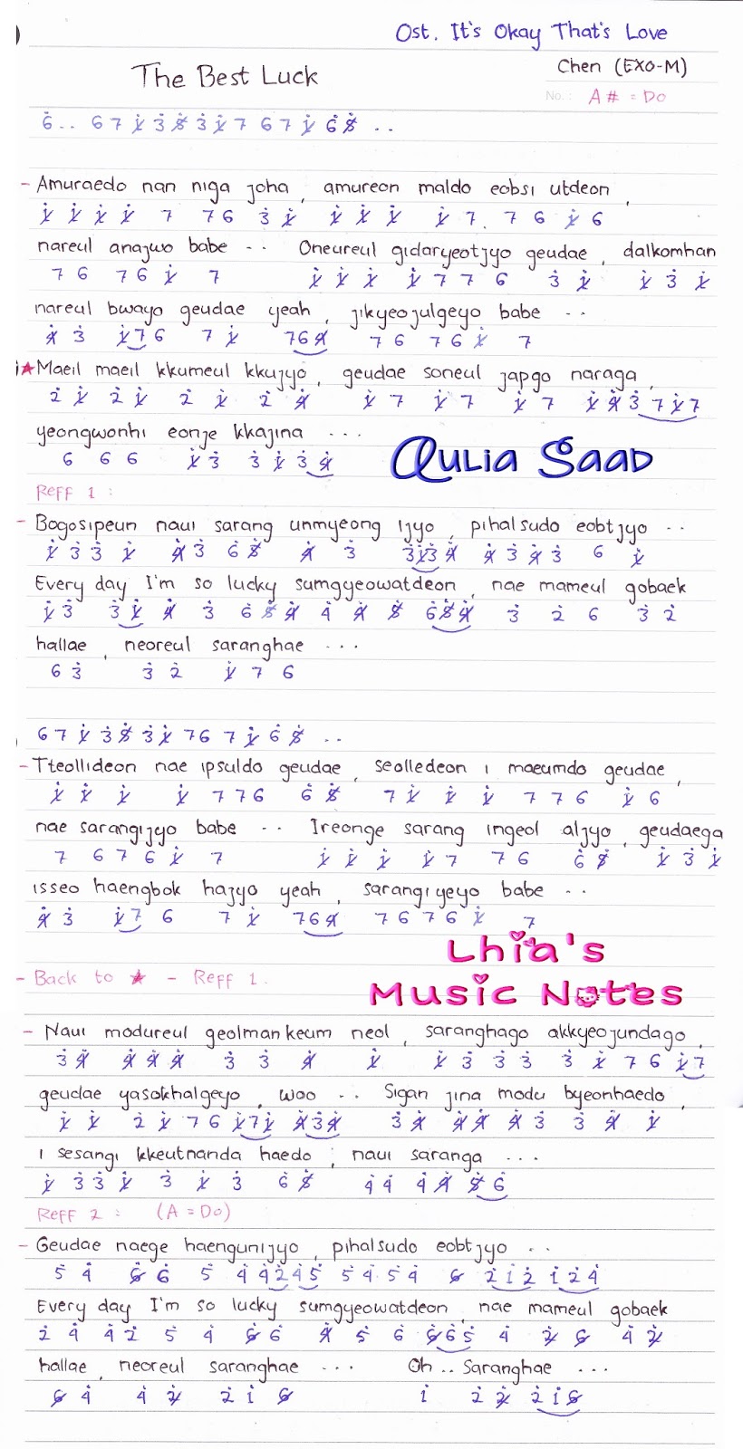 Not Angka Chen Exo The Best Luck Ost It S Okay That S Love Not Angka Lagu Ost K Drama