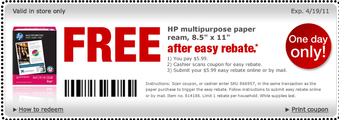 staples printable coupons april 2011. FREE Paper at Staples - Today