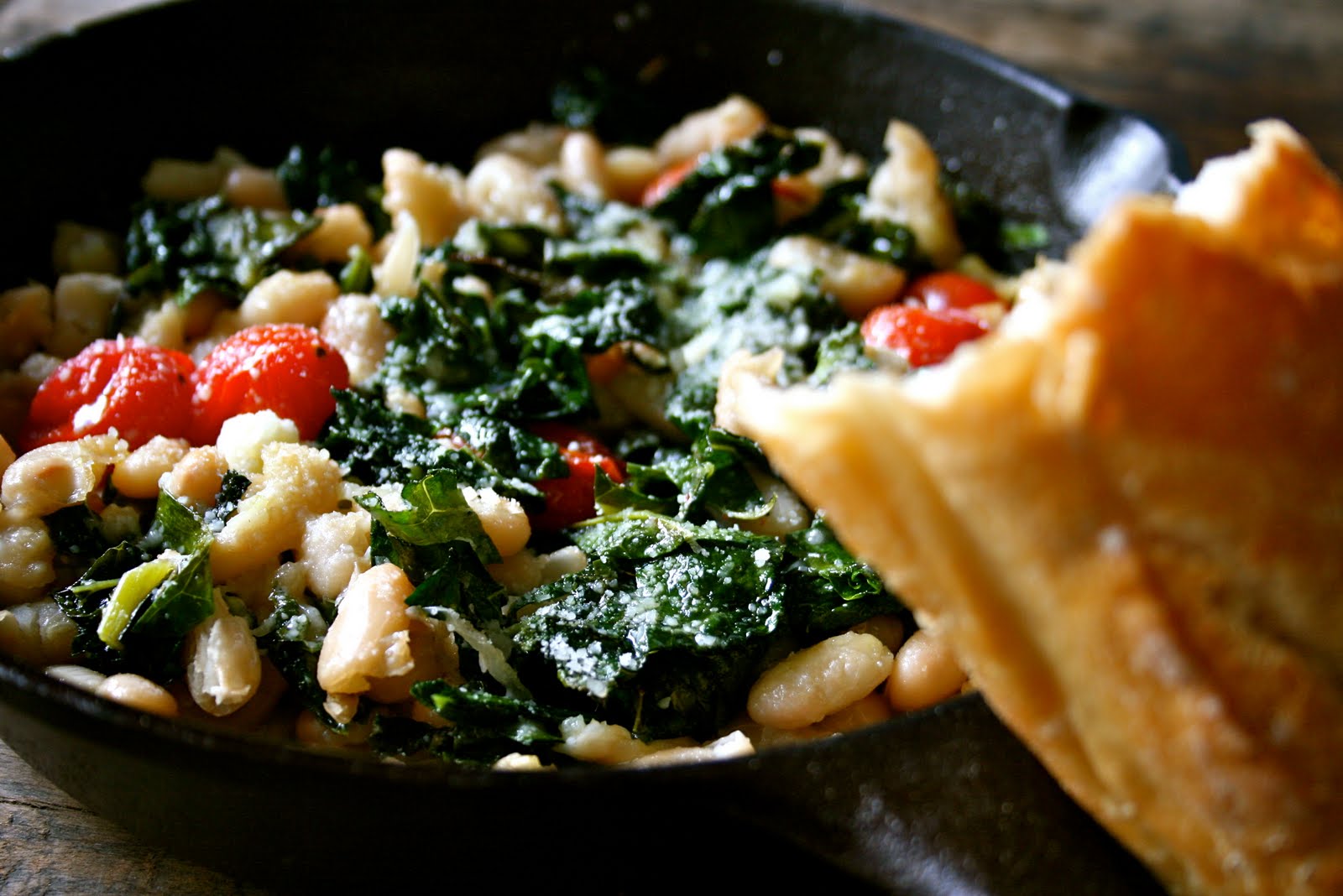 Cooked By Sara Mae Baked Cannellini Beans, Baby Tomatoes and Kale