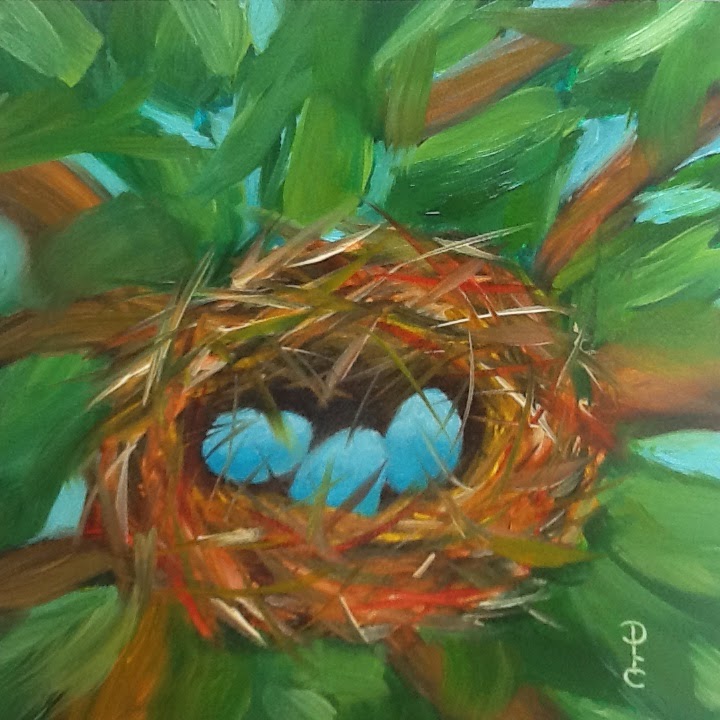 Paula Campbell Art Bird Nest 6x6 oil painting