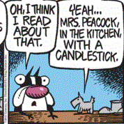 Mrs Peacock in the kitchen with a candlestick