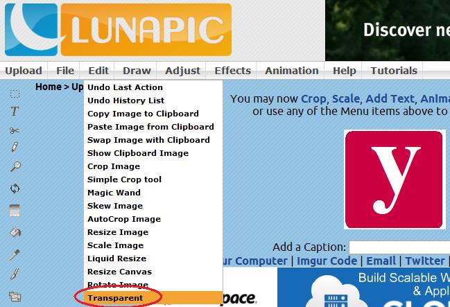 LunaPic transparency menu setting