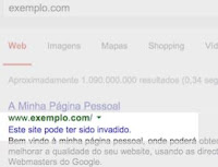 Exemplo do aviso sobre site invadido no resultado do Google