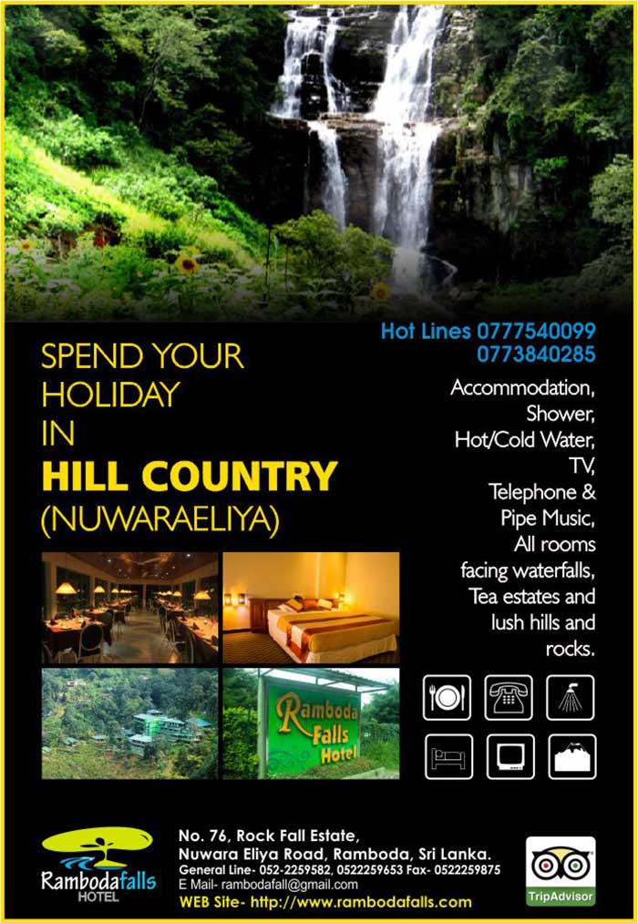 Come to Ramboda Falls Hotel in Nuwara Eliya to enjoy a true getaway from everyday life. This Nuwara Eliya hotel provides an escape that is set in lush verdant surroundings with waterfalls in the foreground and in the background misty mountains carpeted by dense tea bushes just waiting to be explored.  The town's cool climate brings relief from heat and humidity rejuvenates the body while the beautiful surroundings relax the mind. So sit back and sip a cup of Ceylon Tea as you enjoy Sri Lanka's hill country from the comfort of the Ramboda Falls Hotel.