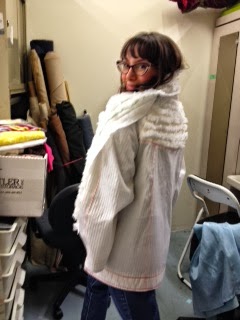 Lined paper coat with diaper frill textile yoke and scarf