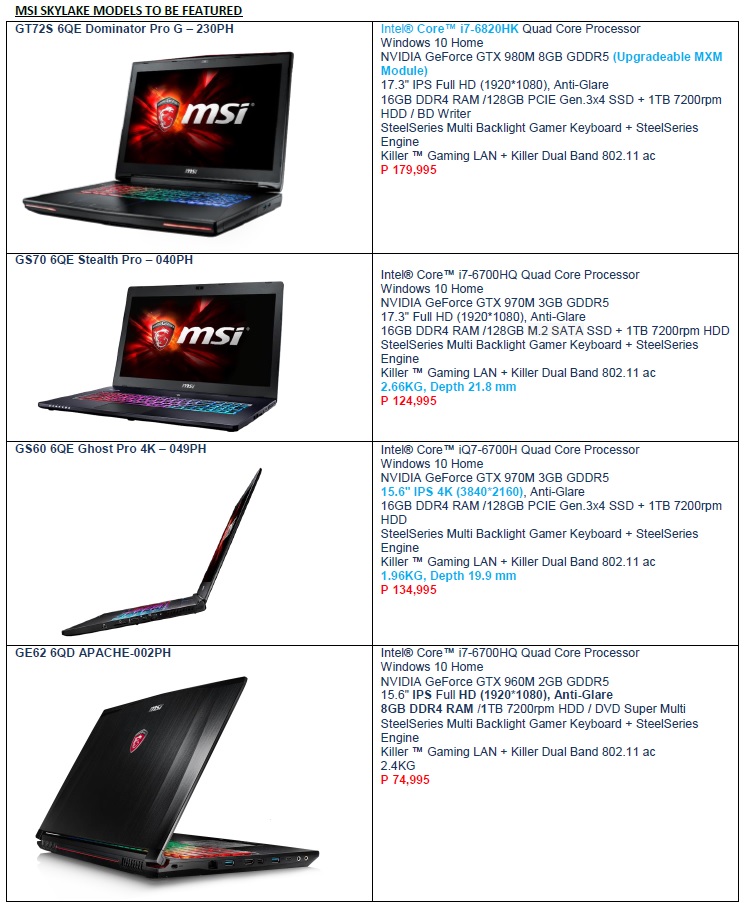 MSI Skylake laptops MSI Skylake laptops