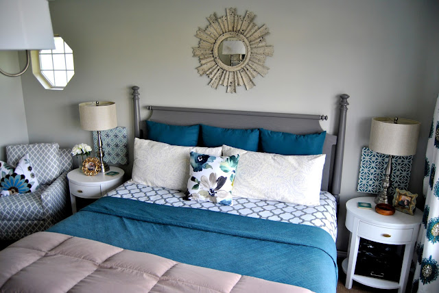 master bedroom, teal master bedroom, turquoise master bedroom, blue master bedroom, calm, designed, blogger, king size bed, sunburst mirror above bed, sunburst mirror, oval night stands, white night stands, gray bed, aloof gray, accent chair, 12 drawer dresser, malm dresser, white drum chandelier, drum chandelier, chandelier