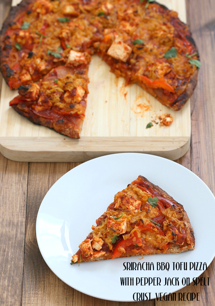 SRIRACHA BBQ TOFU PIZZA WITH PEPPER JACK ON SPELT CRUST VEGAN RECIPE