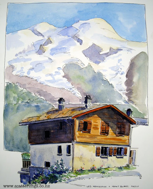 Watercolour painting of Mont Blanc from Chamonix, France