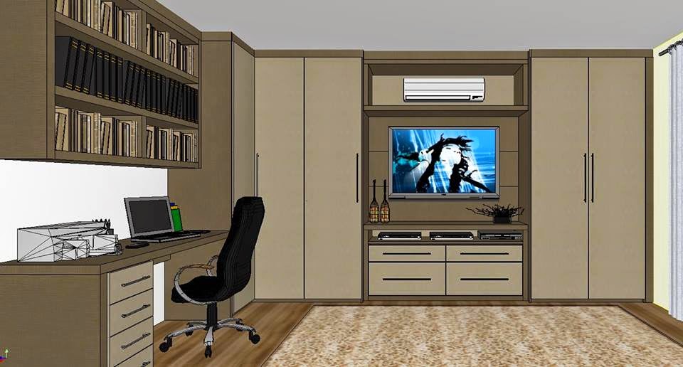 Sala Tv E Home Office ~ TV e equipamentos centralizados, ladeados por módulos de roupas e o Sala Tv E Home Office ~ TV e equipamentos centralizados, ladeados por módulos de roupas e o