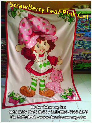selimut Strawberry Feat Pink Cat jual selimut strawberry kucing warna pink lembut murah grosir eceran