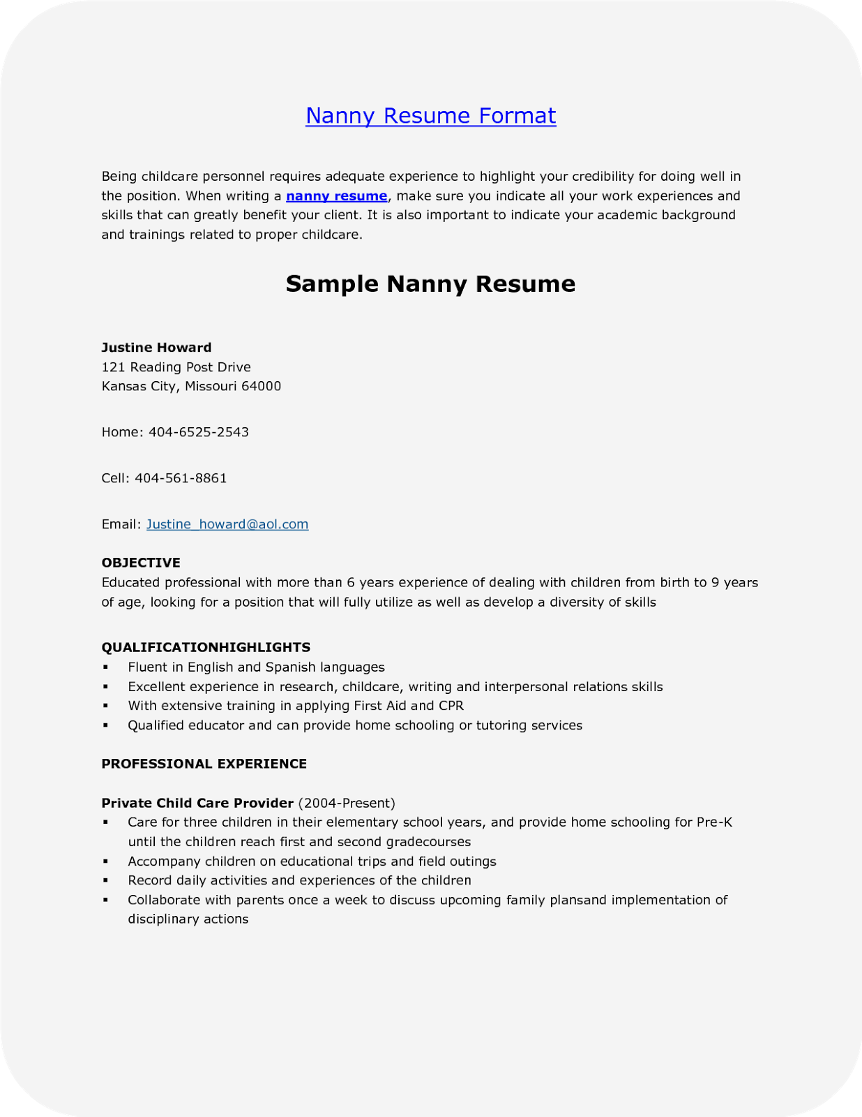 Free sample nanny resumes