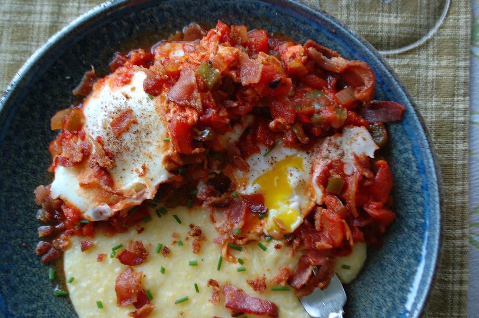 The Spice Garden Cajun Style Eggs in Purgatory with Cheesy Polenta