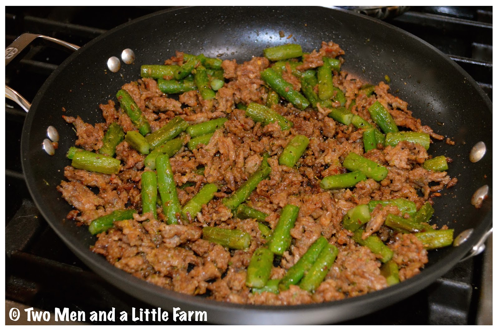 Two Men and a Little Farm FRITTATA WITH TOMATOES SAUSAGE AND ASPARAGUS