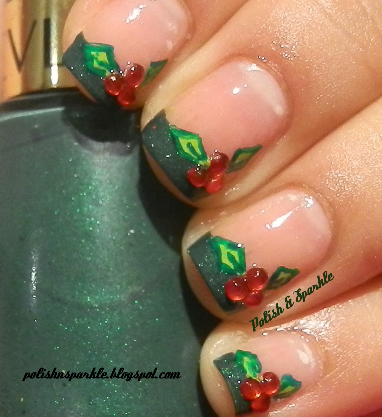Polish &amp; Sparkle: Christmas Nails - Holly French Tips