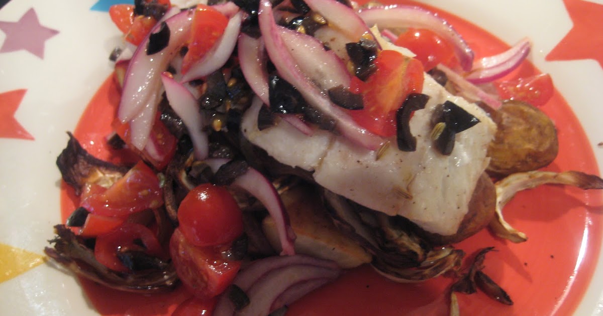 Lemon and Cheese Fish Tray Bake with Potato, Fennel and Tomato Olive