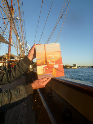 Plein air small gouache study of the Sydney Heritage Fleet's tug 'Bronzewing' alongside the 'James Craig'  painted by industrial heritage artist Jane Bennett