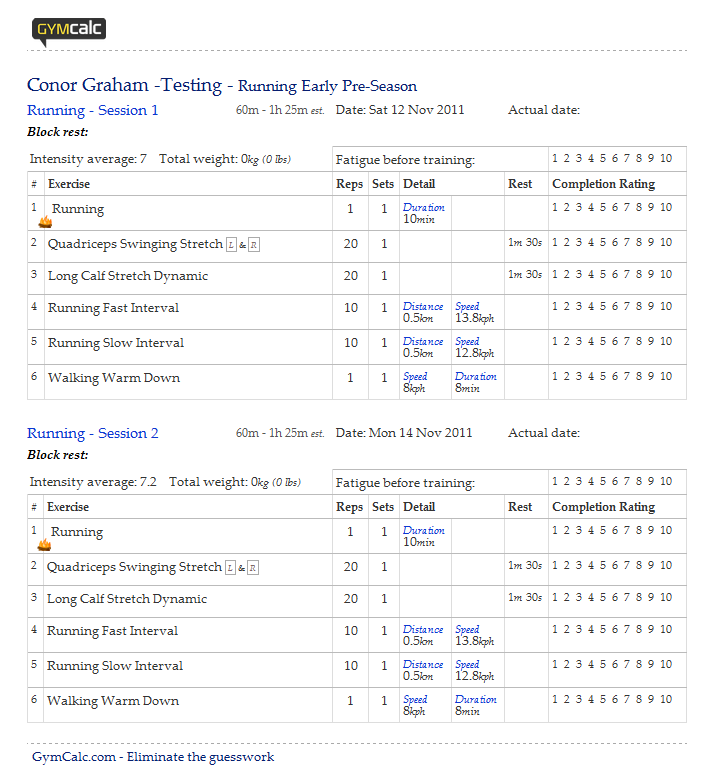exercise session plan template