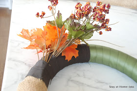 Burlap, ribbon and leaf harvest wreath