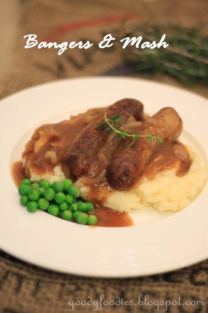 GoodyFoodies Recipe Bangers & Mash with Onion Gravy and Peas