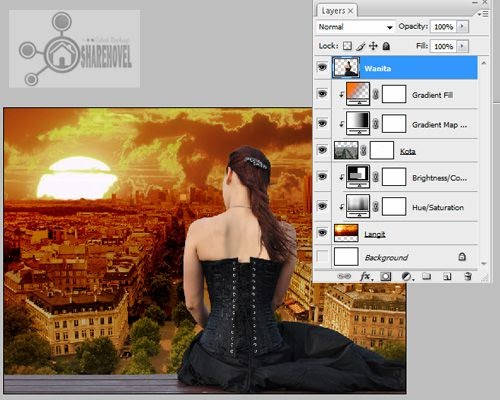 Masukan gambar wanita Masukan gambar wanita dan atur posisinya - trik cara membuat efek sunset di photoshop