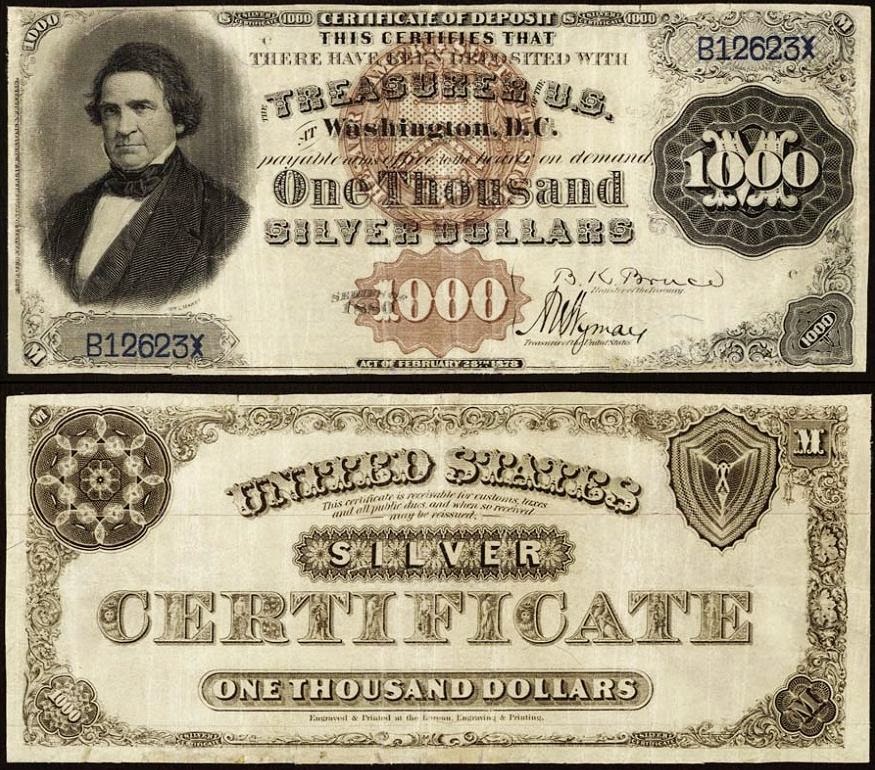 One Thousand Dollar Silver Certificate from Series of 1880 1880 1000 Dollar Silver Certificate