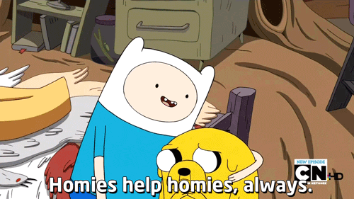 Animated gif of Finn hugging Jake and saying "Homies help homies, always."