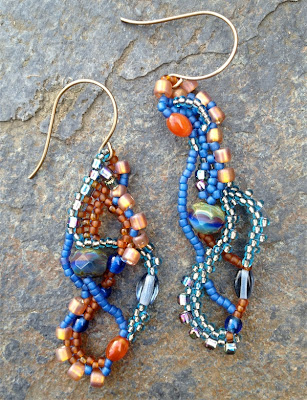 freeform beaded earrings by Karen Williams, Earth & Sky color way