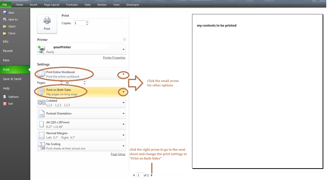 How to print duplex on Excel 2010