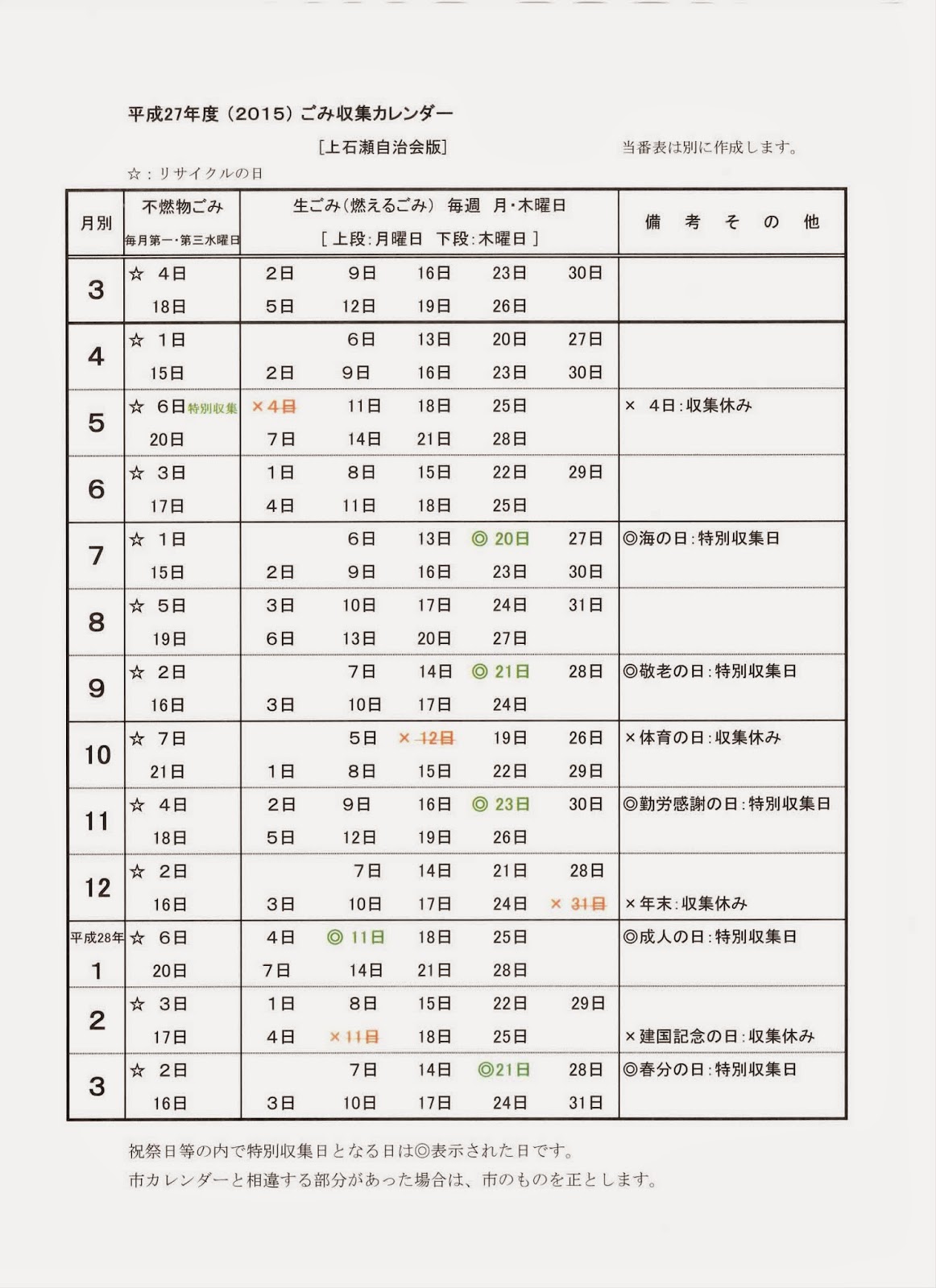 上石瀬自治会 上石瀬 平成27年度 版 ごみ収集カレンダー