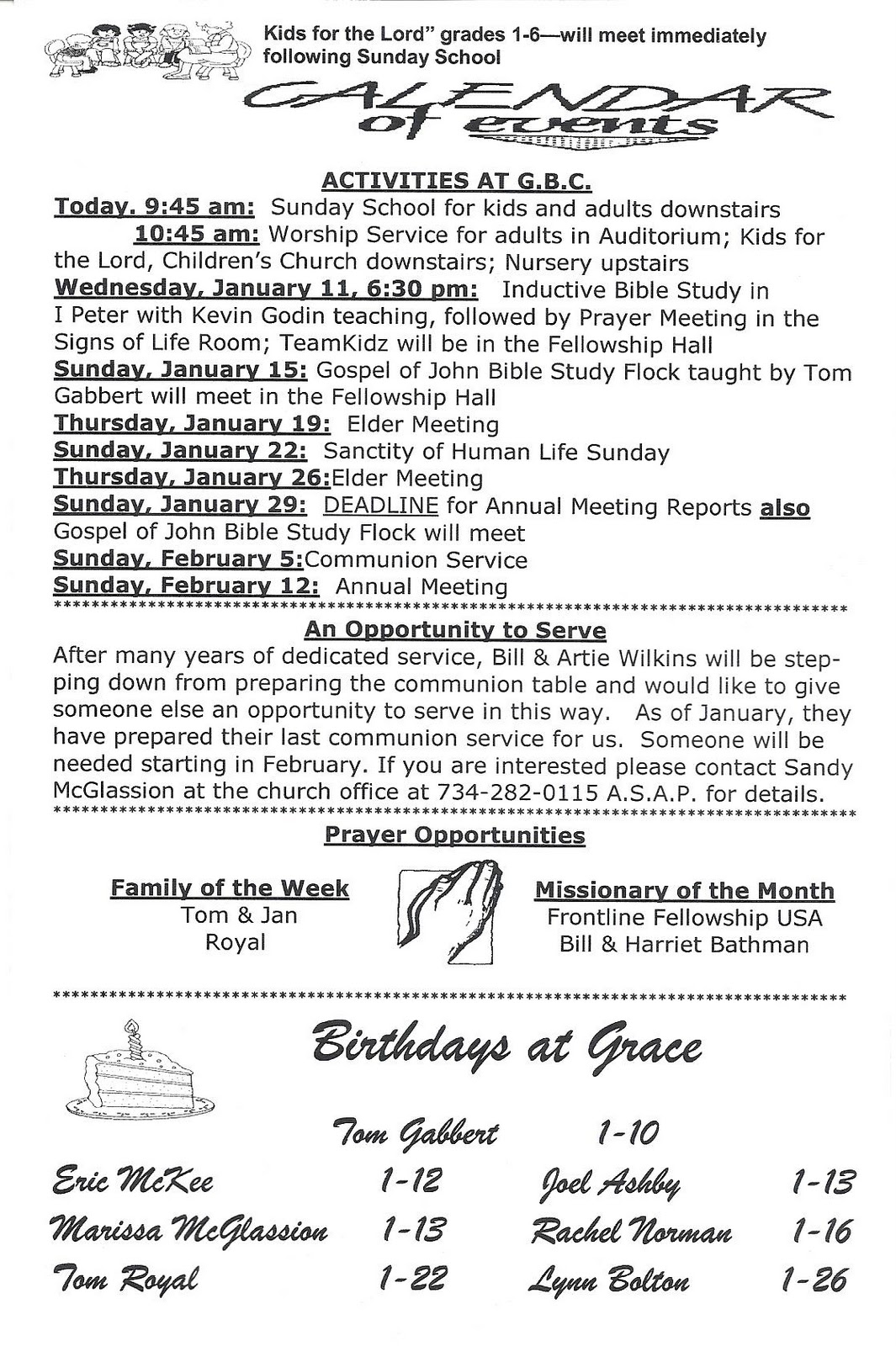 Grace Bible Church Bulletins, Sunday, Jan. 8, 2012