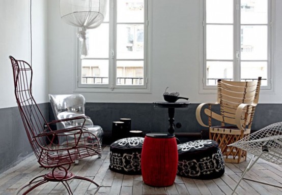 Parisian Apartment With Modern White Sofa And White Stone Wall