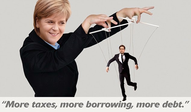 SNP leader Nicola Sturgeon pulling the strings of Ed Miliband puppet SNP leader Nicola Sturgeon pulling the strings of Ed Miliband puppet