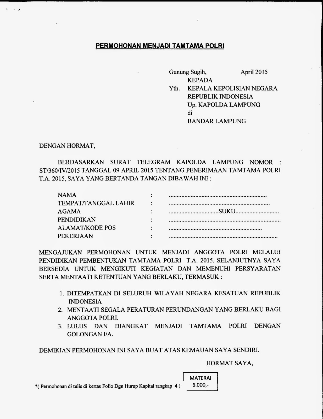 Polres Lampung Tengah Contoh Format Surat Permohonan