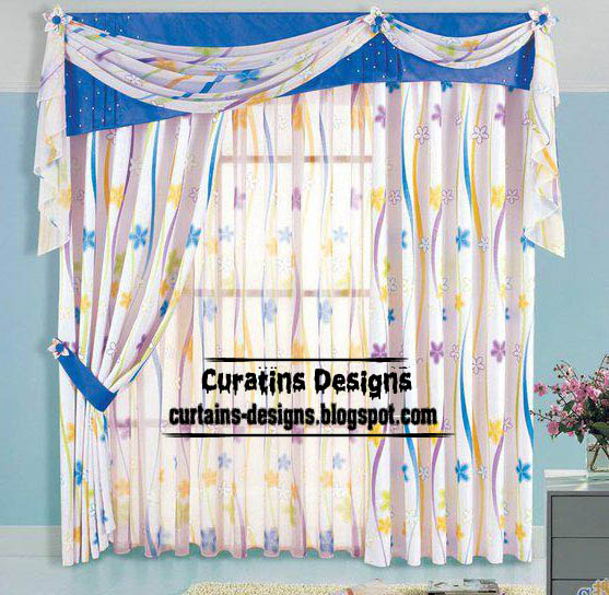 Unique patterned curtain design with blue valance - white curtain