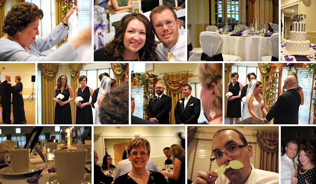 Twelve photos from the wedding depicting the venue, Nana, Megan and B, the bridesmaids, the groomsmen, the bride and groom, Mom, Shane with a paper mustache, and B and Megan dancing.