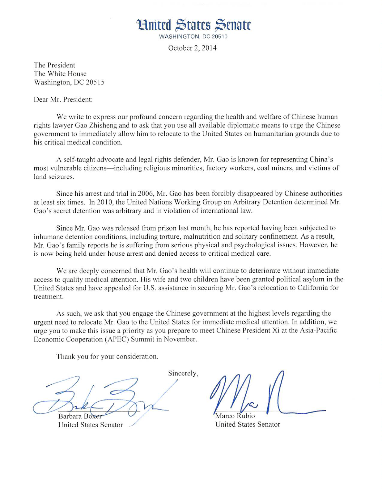 chinaaid group of bipartisan senators write letter to obama writing a letter to a senator