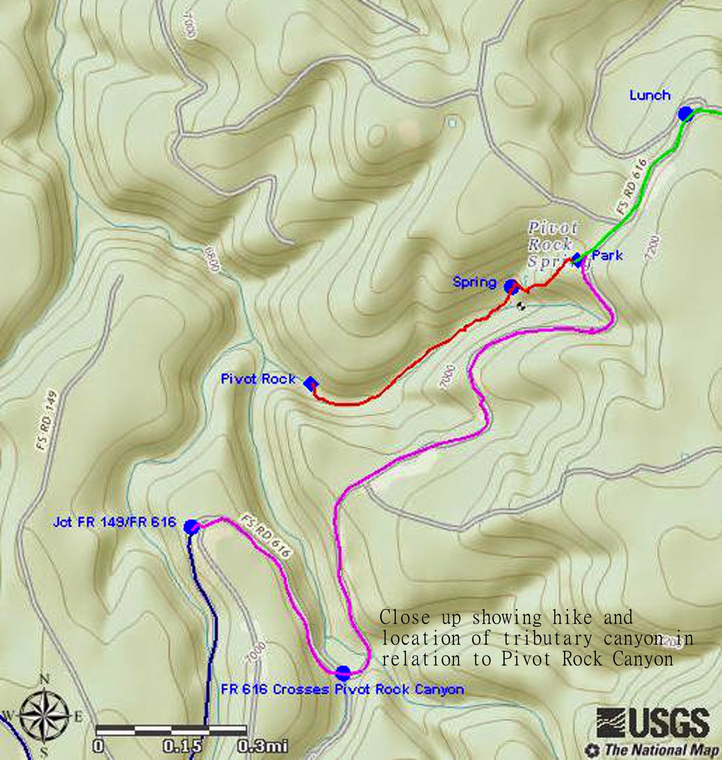 map showing where fr 616 crosses pivot rock canyon and the tributary in which pivot rock and pivot rock spring are located map showing where fr 616 crosses pivot rock canyon and the tributary in which pivot rock and pivot rock spring are located