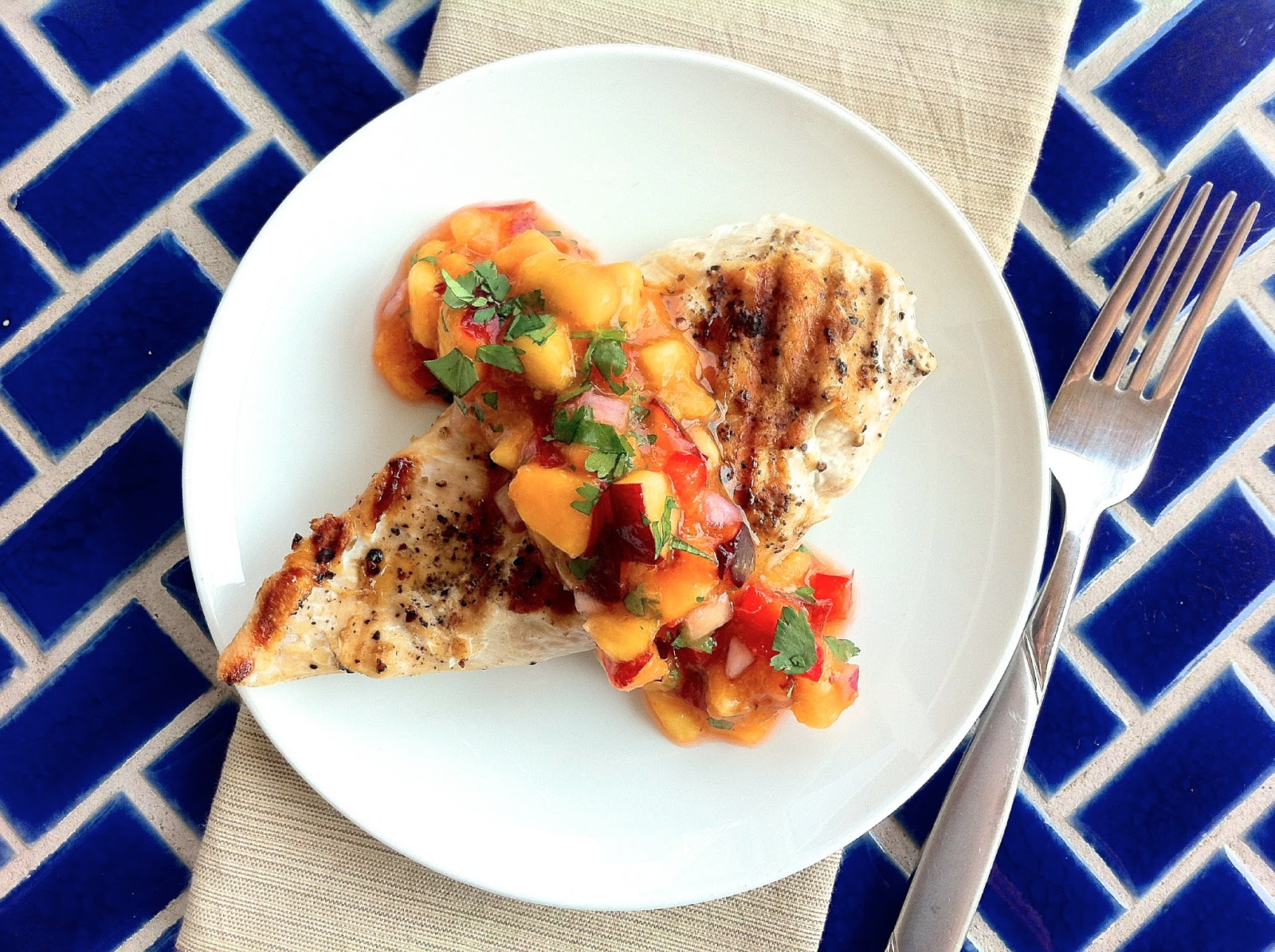 Peach Salsa Over Grilled Chicken Breast, Closeup