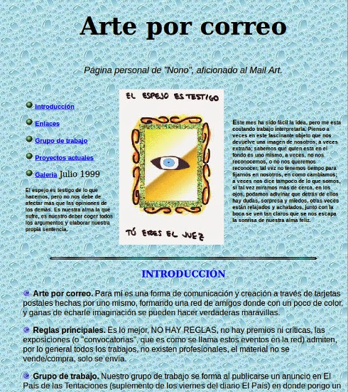 Portada de la primera web de Nono sobre Arte Correo Portada de la primera web de Nono sobre Arte Correo