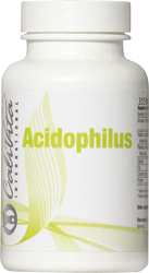 Prikaz kutije Acidophilus - Psyllium sadrži preko 2 milijarde aktivnih crijevnih bakterija Laktobacilius acidophilus. Probiotik je antibakterijskog, antikarcinogenog, antiupalnog i antitumornog djelovanja i zaštitnik imuniteta.