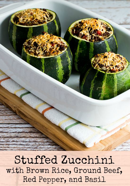 Stuffed Zucchini Recipe with Brown Rice, Ground Beef, Red Pepper, and