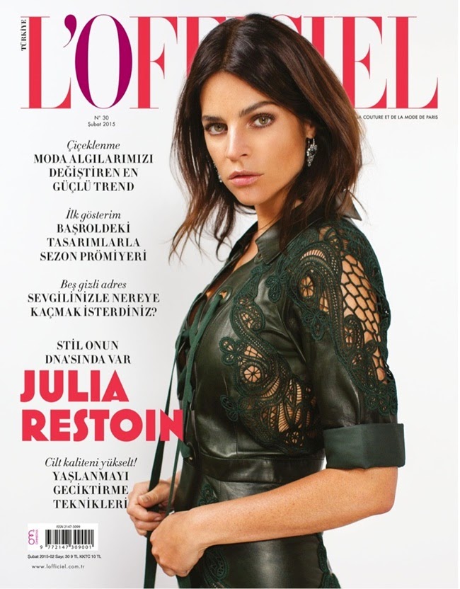 L'Officiel Turkey February 2015, Julia Restoin Roitfeld Gucci 2015 SS Dark Green Leather Lace Dress Editorials