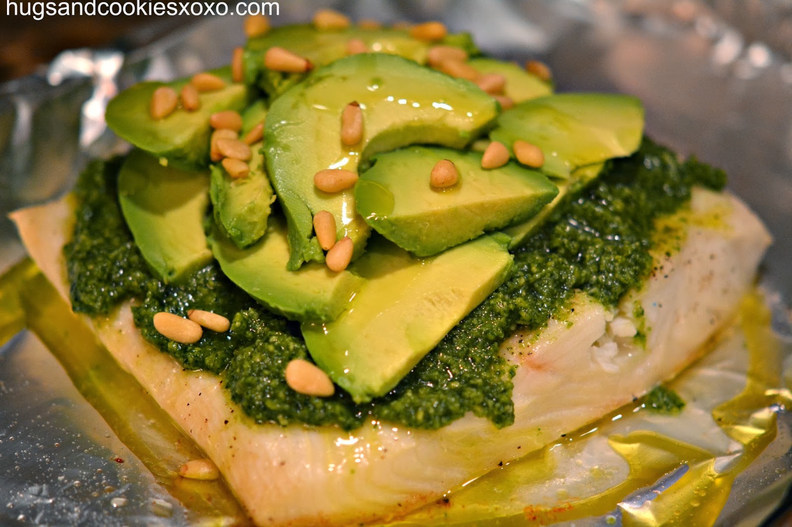 HALIBUT WITH PESTO, AVOCADO & PIGNOLI NUTS Hugs and Cookies XOXO