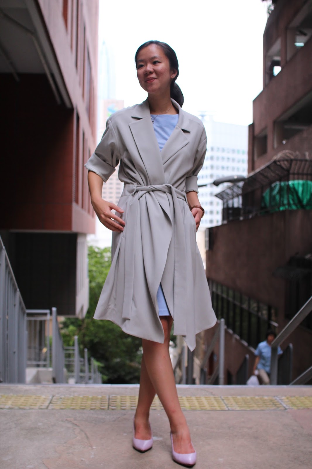 heather grey trench coat, periwinkle blue shift dress for work