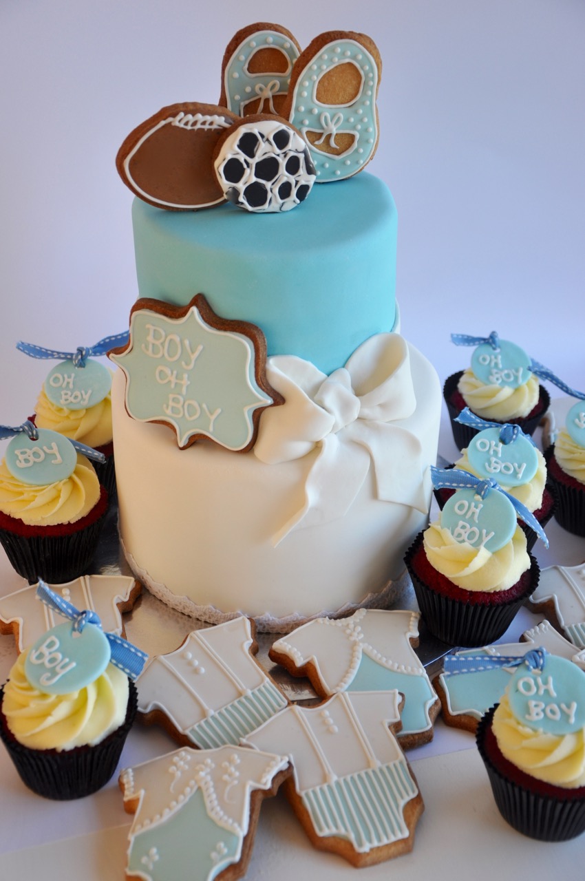 Boy Baby shower cake, biscuits and cupcakes